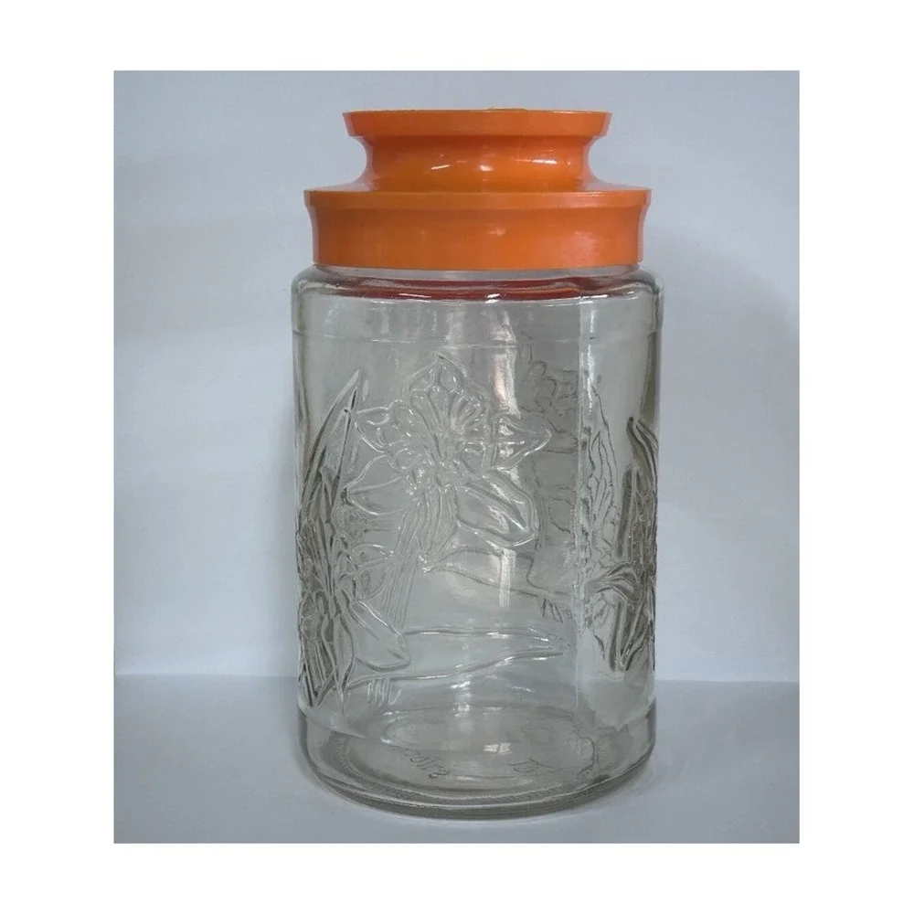 Vtg Tang Daffodil Glass Storage Jar Orange Lid VTG Marked 